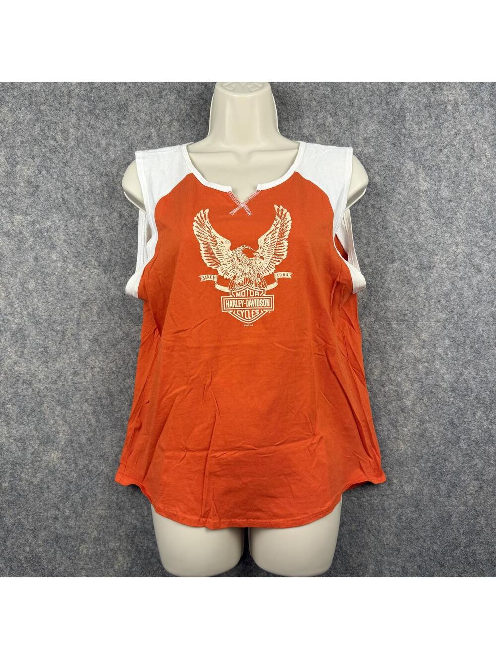 Harley Davidson Greenville SC Sleeveless T Shirt Orange White Women Size XL 365